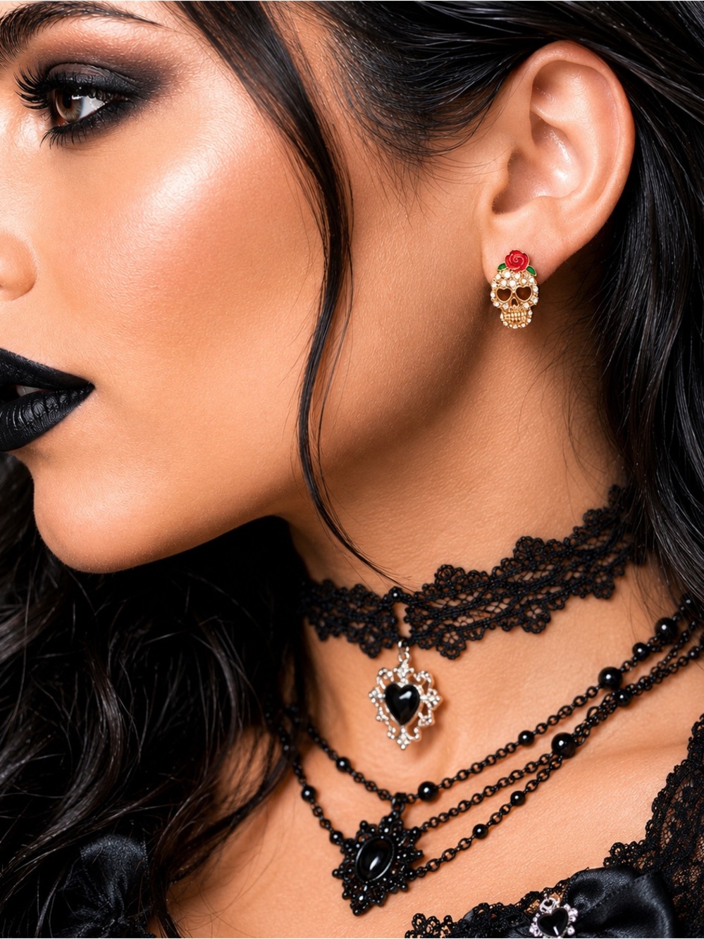 Sugar Skull Rose Rhinestone Stud Earrings Gold Tone Day of the Dead NWT